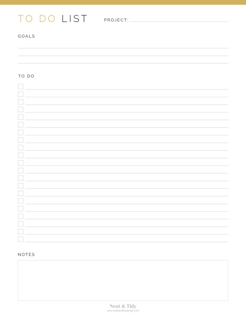 Printable Project To Do list for 1 project in Gold