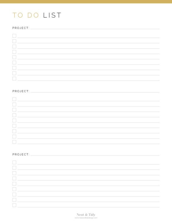 Printable Project To Do list for 3 projects in Gold