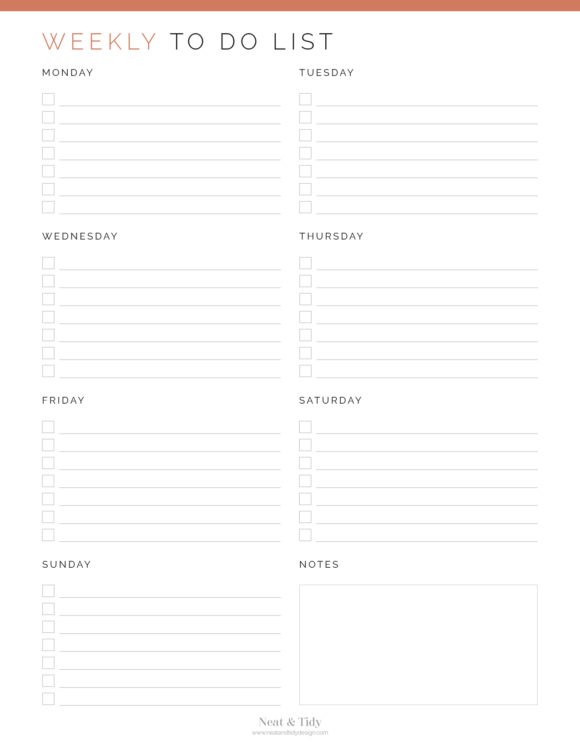 Printable Weekly To Do List with Monday start in Coral