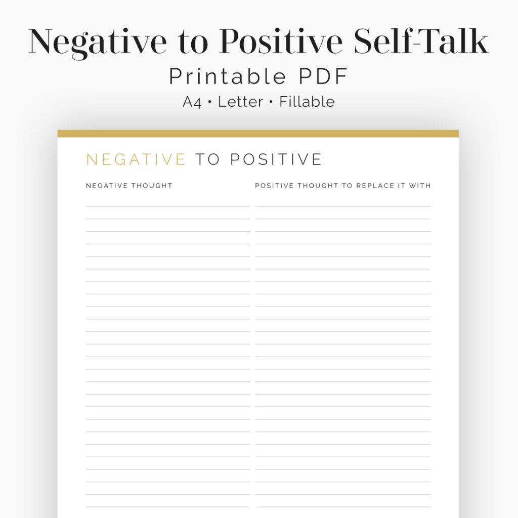 Negative thoughts to Positive thoughs printable PDF