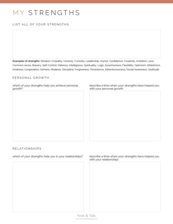 My Strengths Worksheet for self-esteem (page one)