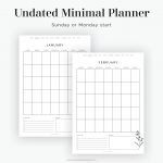 undated minimal digital monthly planner pages with Sunday and Monday start to the week, in light mode - goodnotes planner