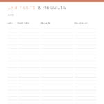 A lab tests results log for medical binder, printable PDF