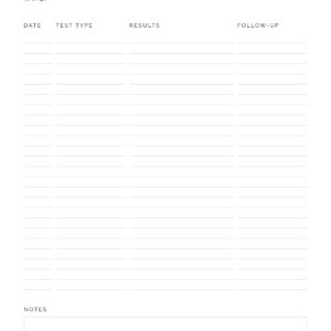 A lab tests results log for medical binder, printable PDF