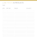 A lab tests results log for medical binder, printable PDF