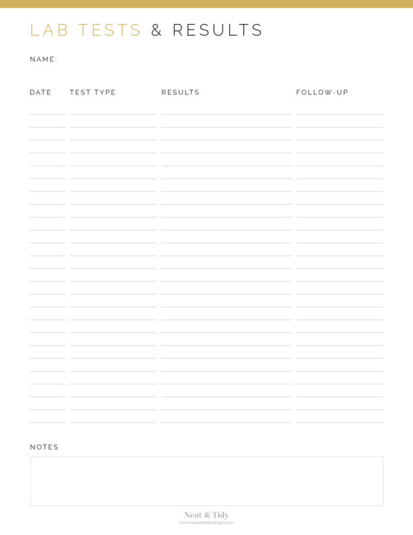 Lab Tests & Results Log (2 layouts) - Neat and Tidy Design