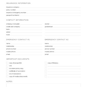 Travel planner in case of emergency document, printable pdf