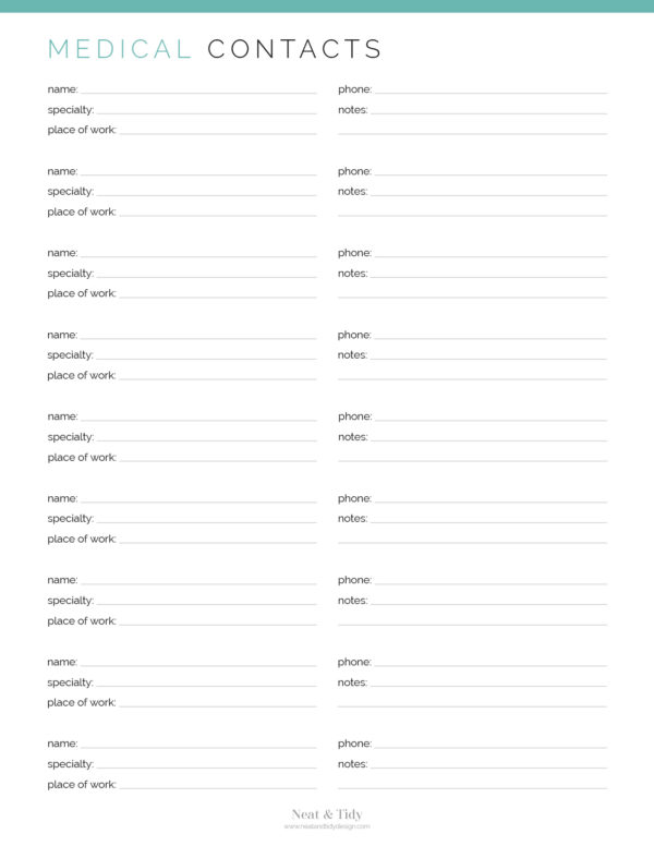 Medical Contacts - Neat and Tidy Design