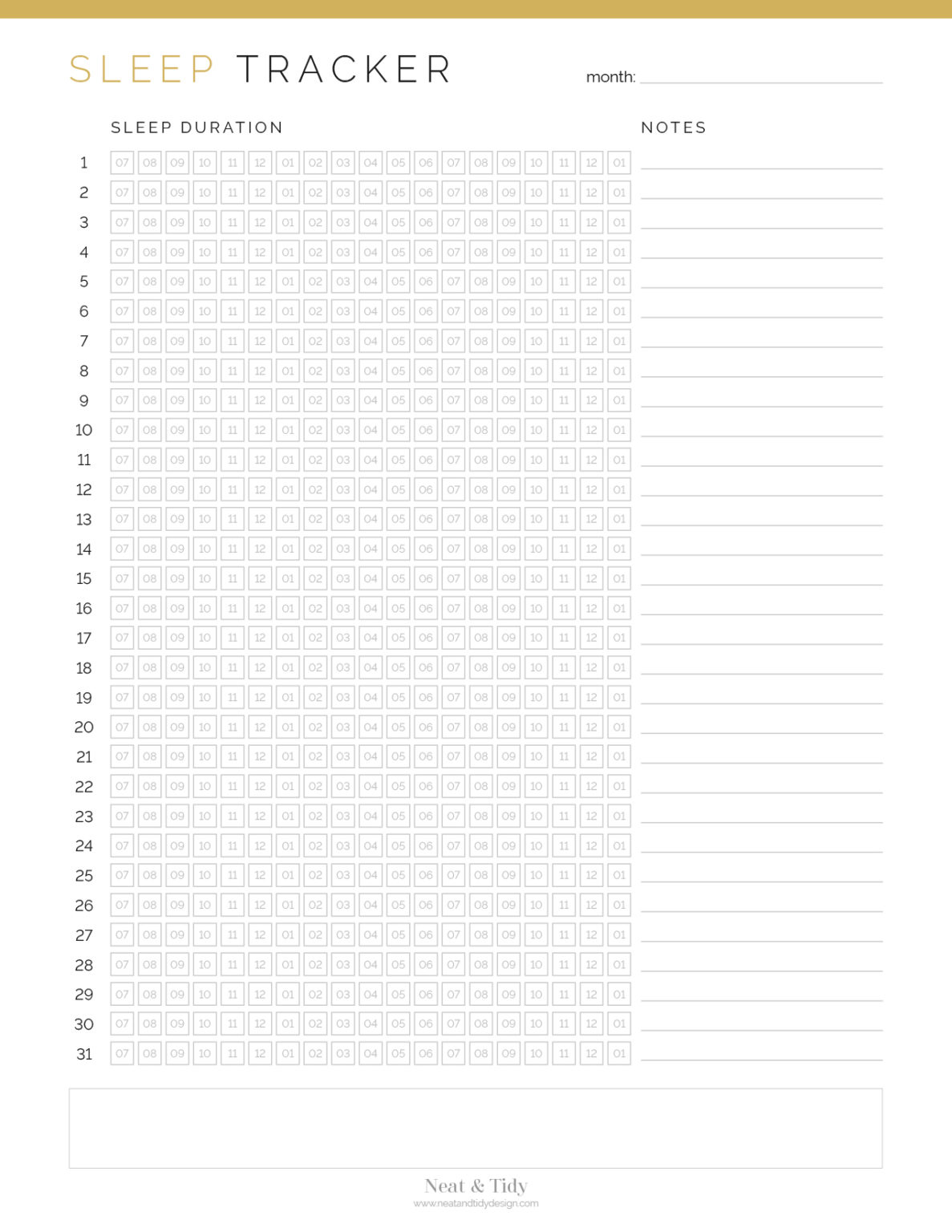 Monthly Sleep Tracker - Neat and Tidy Design