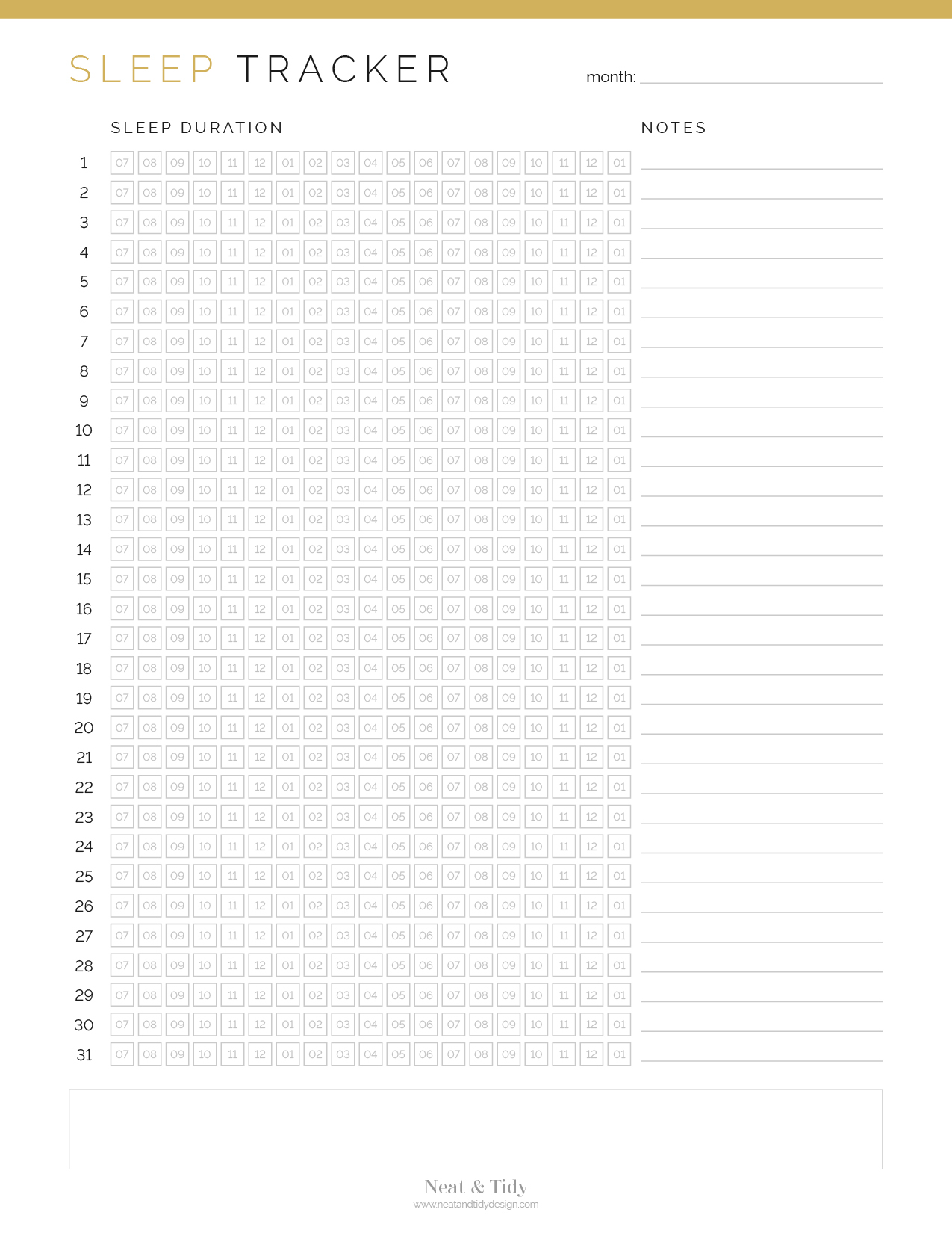 Monthly Sleep Tracker Neat And Tidy Design