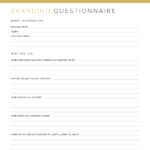Printable blog and business branding 3 page pdf questionnaire in gold