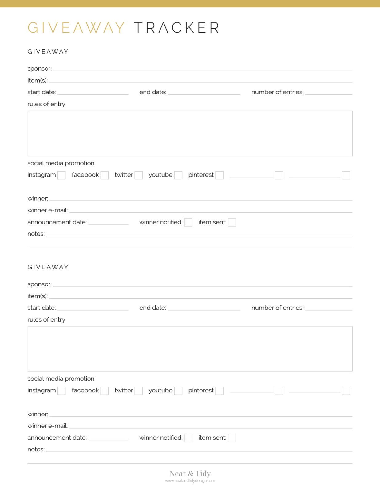 Giveaway Tracker - Neat and Tidy Design