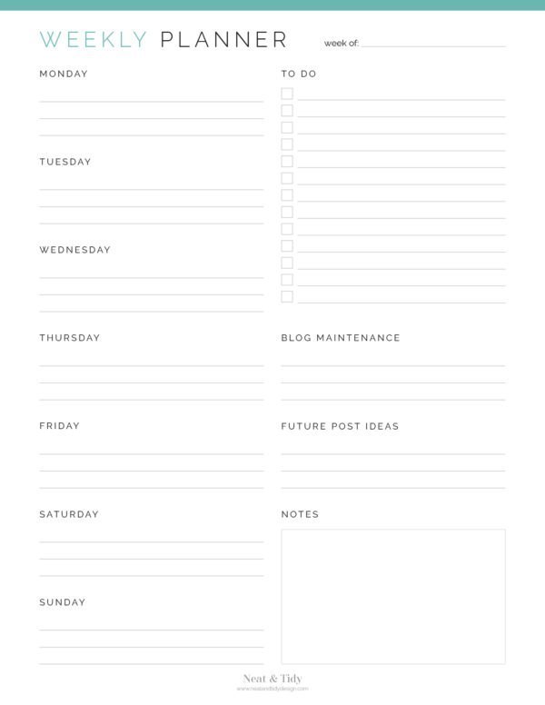 Printable PDF Weekly Planner for Bloggers in Teal