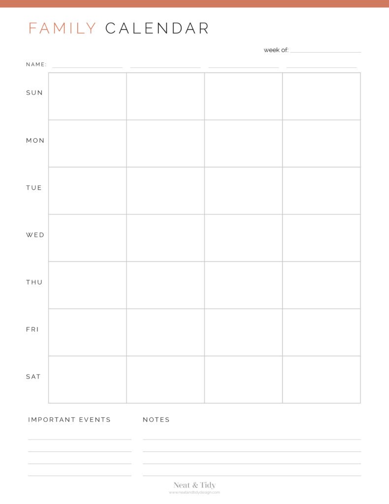 Weekly Family Calendar - Neat and Tidy Design
