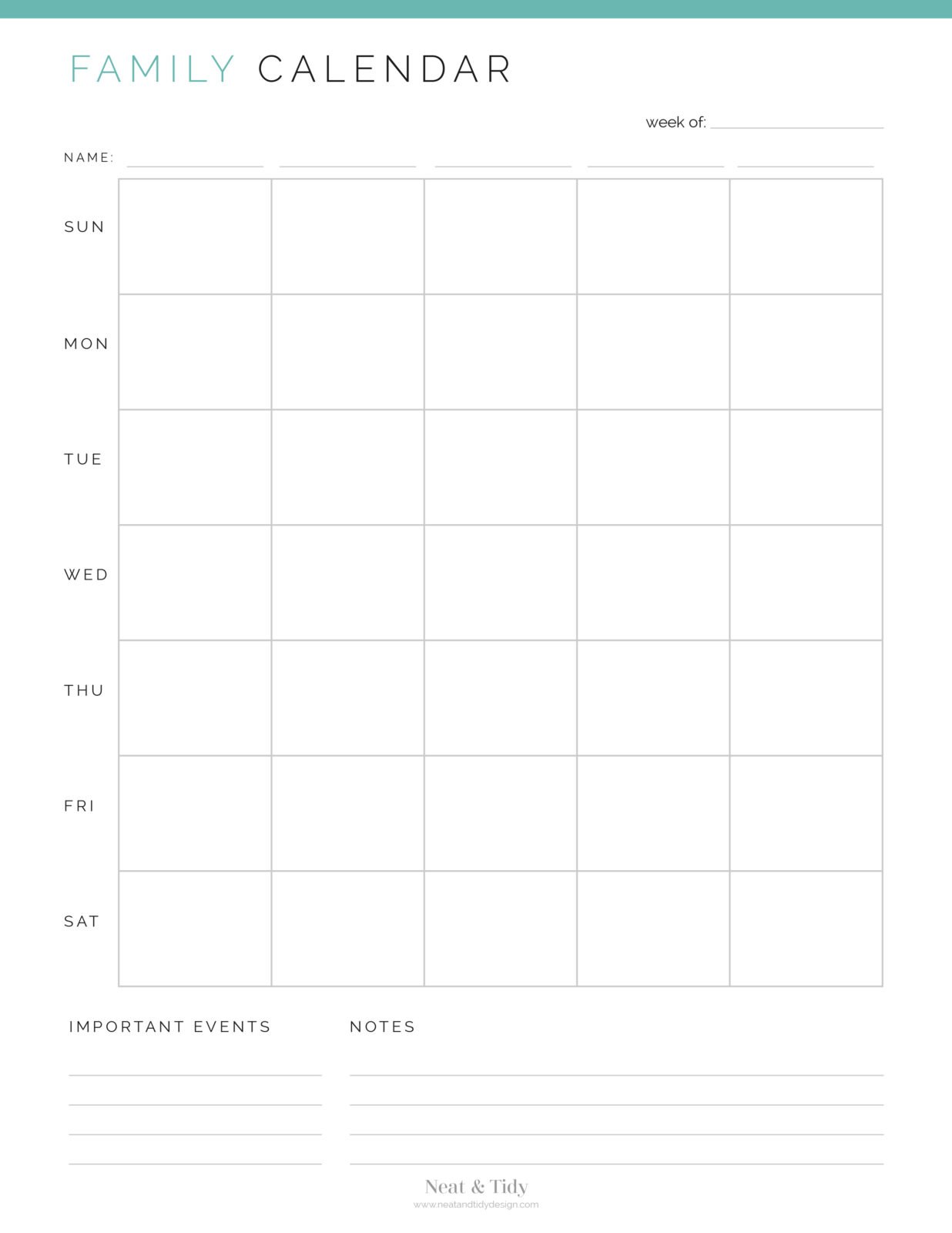 Weekly Family Calendar - Neat and Tidy Design