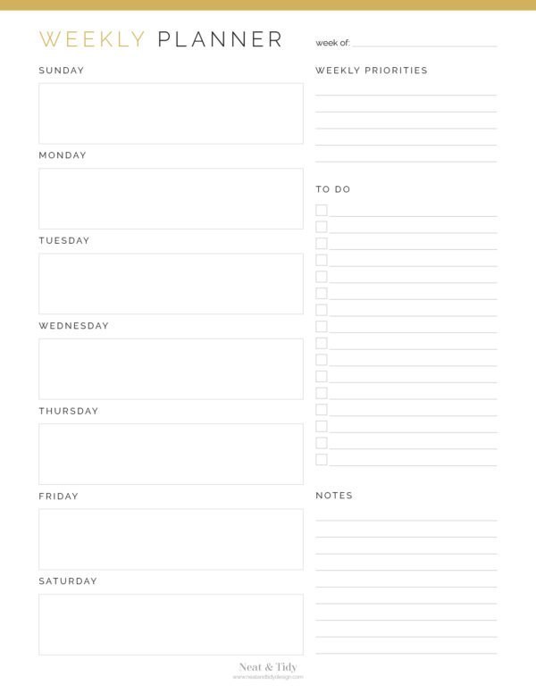 Printable weekly vertical planner with Sunday or Monday start