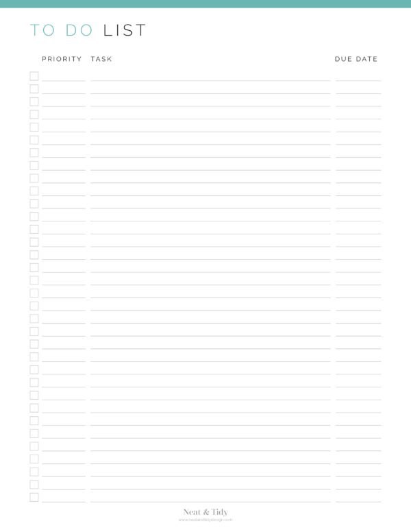 Printable prioritized to do list with due date, priority and task columns in teal