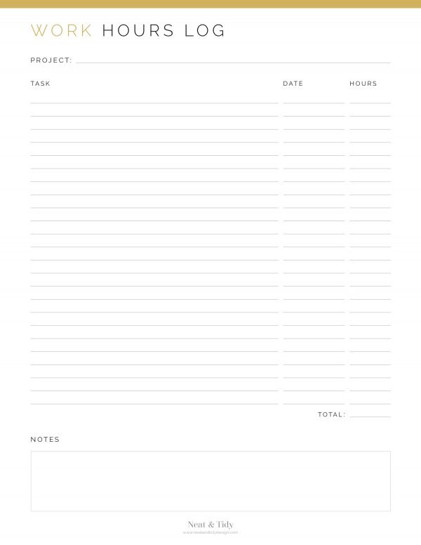 printable work hours log for your project planner