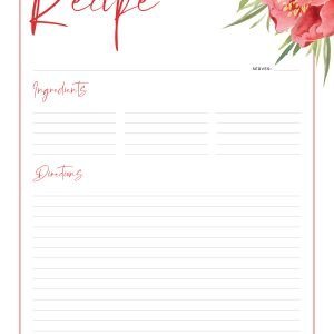 printable and fillable pdf full page recipe card with red peony floral illustration