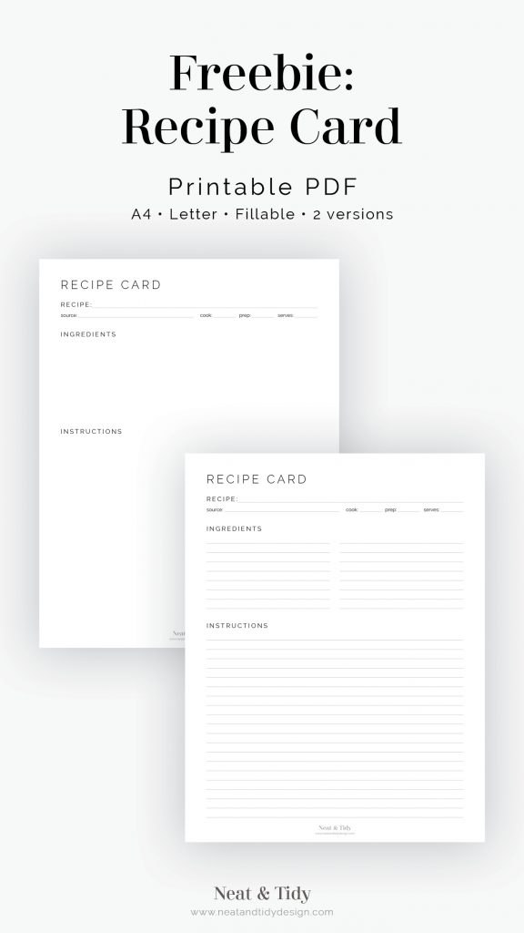 PDF Fillables Recipe Card Digital Download Minimal Design Printable PDF