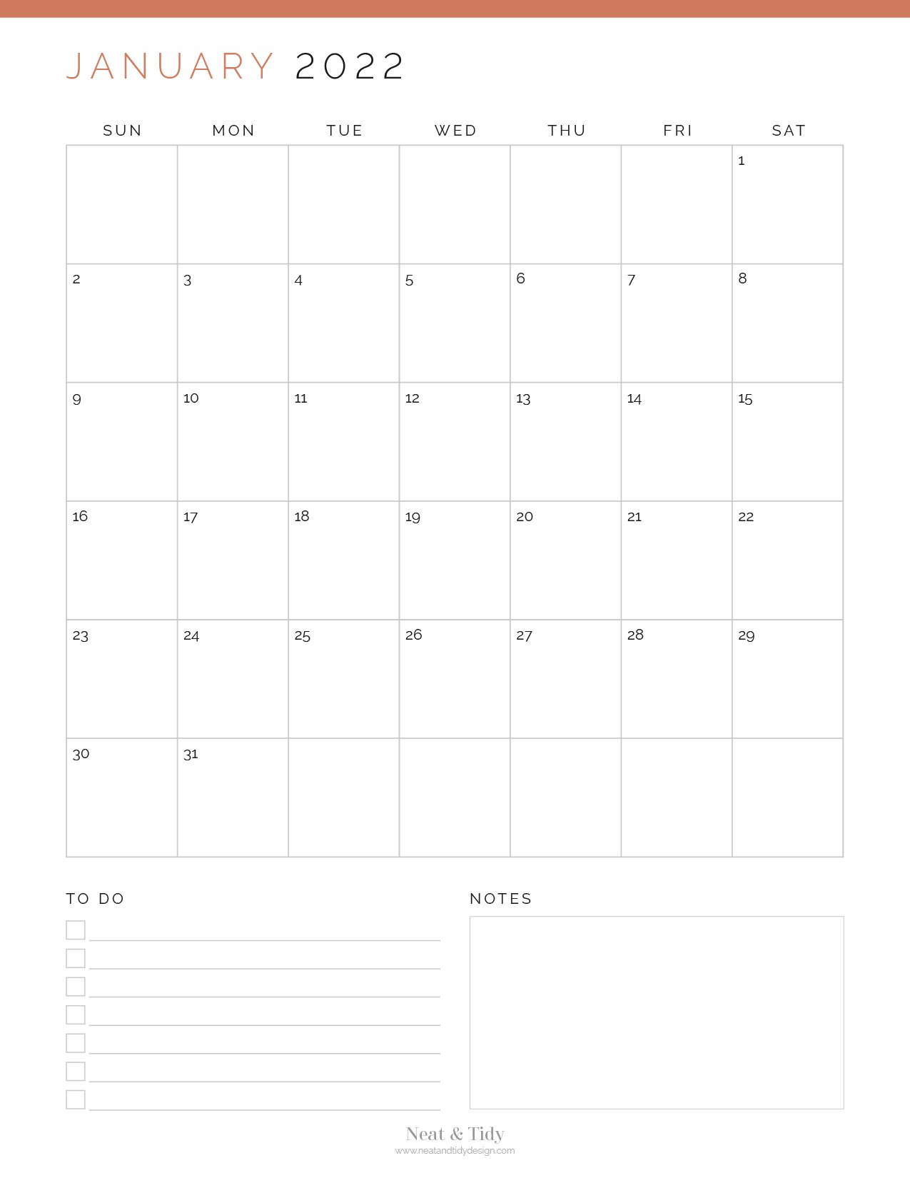 2022 Monthly Calendar - Neat and Tidy Design