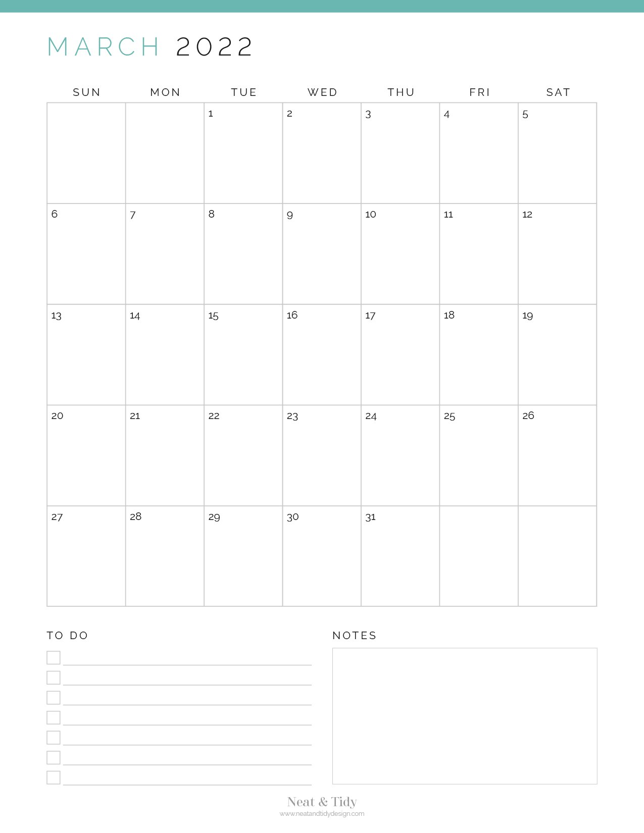 2022 Monthly Calendar - Neat and Tidy Design