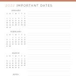 printable important dates planner for 2022 in coral