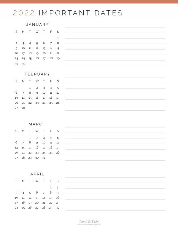 printable important dates planner for 2022 in coral