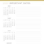 printable important dates planner for 2022 in gold