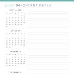 printable important dates planner for 2022 in teal