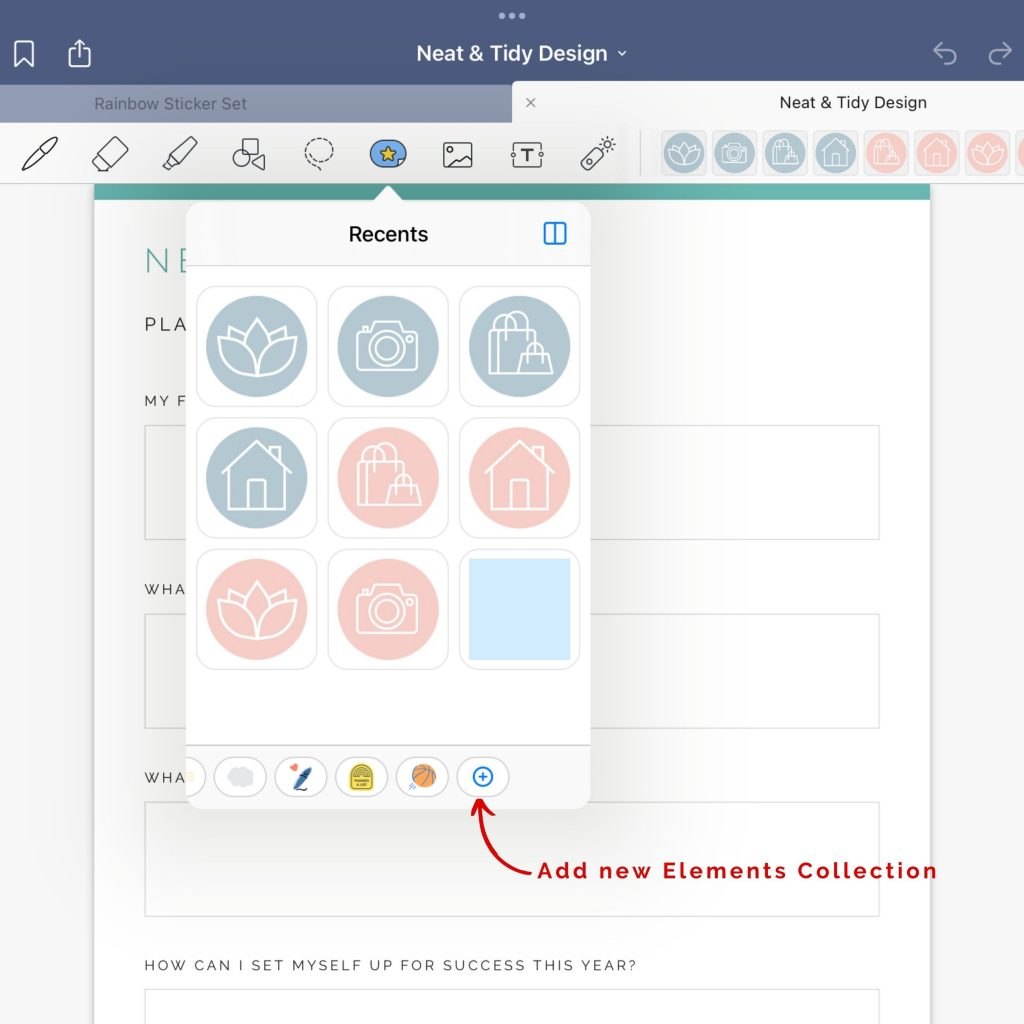 guide on how to import digital stickers to a goodnotes elements collection. step two, click to add a new collection