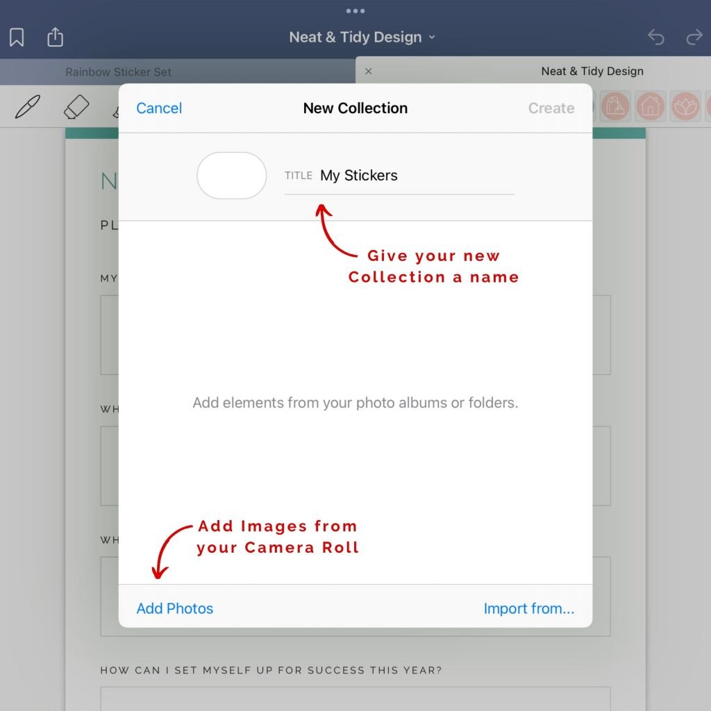 guide on how to import digital stickers to a goodnotes elements collection. step three, name your collection and then click Add photos to import your stickers