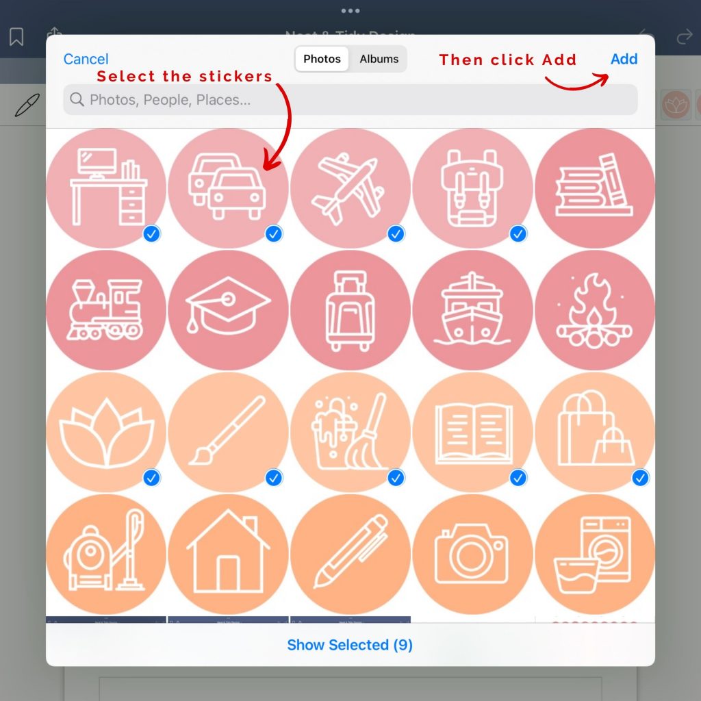 guide on how to import digital stickers to a goodnotes elements collection. step four, select the stickers from your camera roll that you want to add to your new collection, then click Add