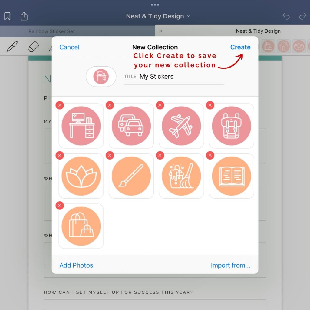 guide on how to import digital stickers to a goodnotes elements collection. step five, click Create to save your new collection