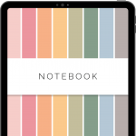 digital notebook for goodnotes with 8 rainbow coloured tabs and multiple different paper types