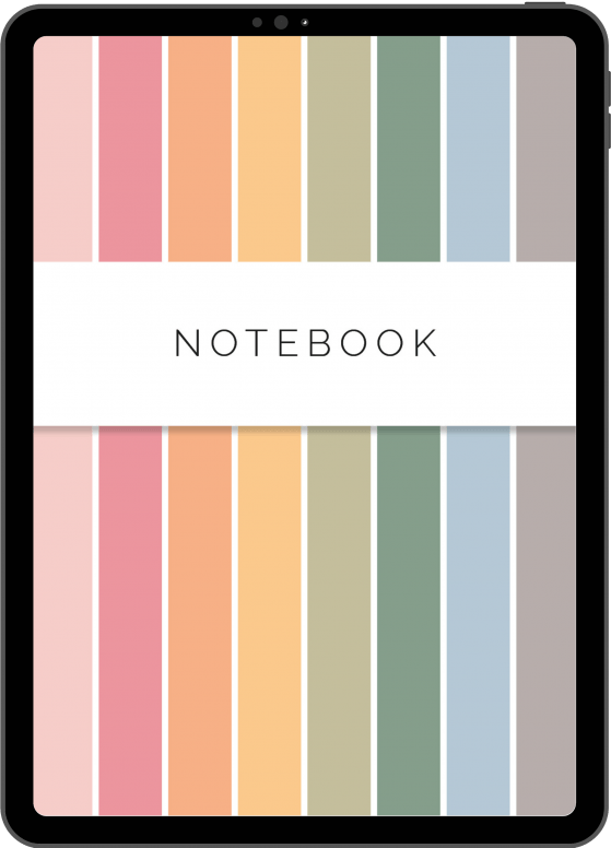 digital notebook for goodnotes with 8 rainbow coloured tabs and multiple different paper types