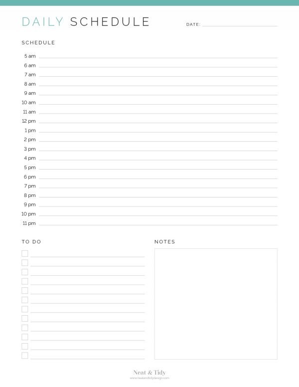 printable pdf daily schedule in three colours covering the hours from 5am to 11pm with to do list and notes section