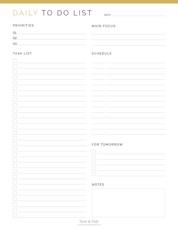 printable daily to do list in three colours with task list, schedule, top priorities and notes section