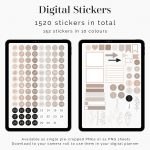 digital stickers in calming neutral shades of beige, sand, and grey, with icons, botanical illustrations and numbers from 1 to 31