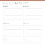 printable monthly to do list in three colours with 5 weekly lists and a notes section