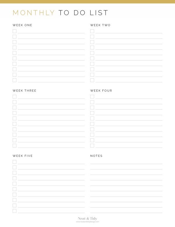 printable monthly to do list in three colours with 5 weekly lists and a notes section