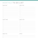 printable monthly to do list in three colours with 5 weekly lists and a notes section