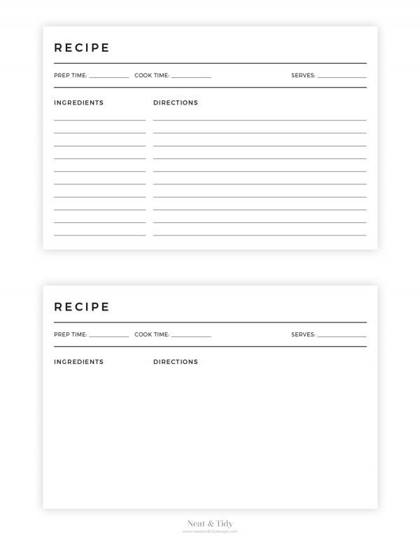 4x6 inch printable minimal recipe card