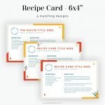 editable and printable 4x6 inch recipe cards editable in canva.com in bright reds and yellows