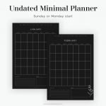 undated minimal digital monthly planner pages with Sunday and Monday start to the week, in dark mode - goodnotes planner