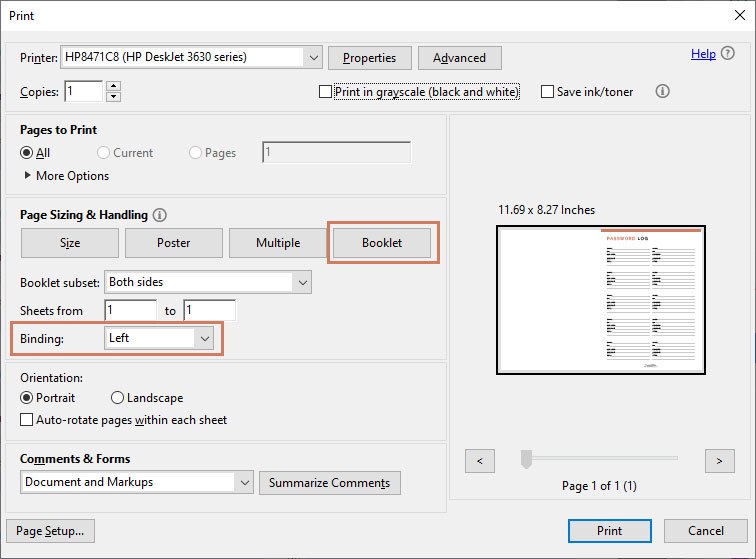 screenshot of print dialogue box showing which settings to use when printing an a4 size paper in a5 size using booklet setting