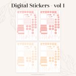 digital label stickers in cute pastel shades of pink and orange for digital planners, for goodnotes and notability