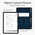 digital undated planner in portrait orientation with 16 tabs and 340 hyperlinks and 20 page templates