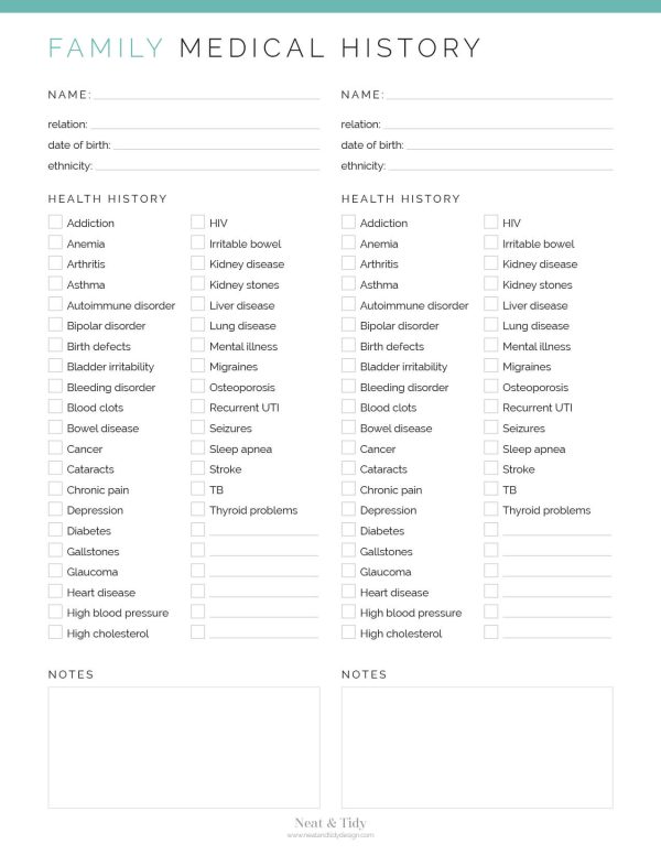 printable family medical history with checklists pdf in teal