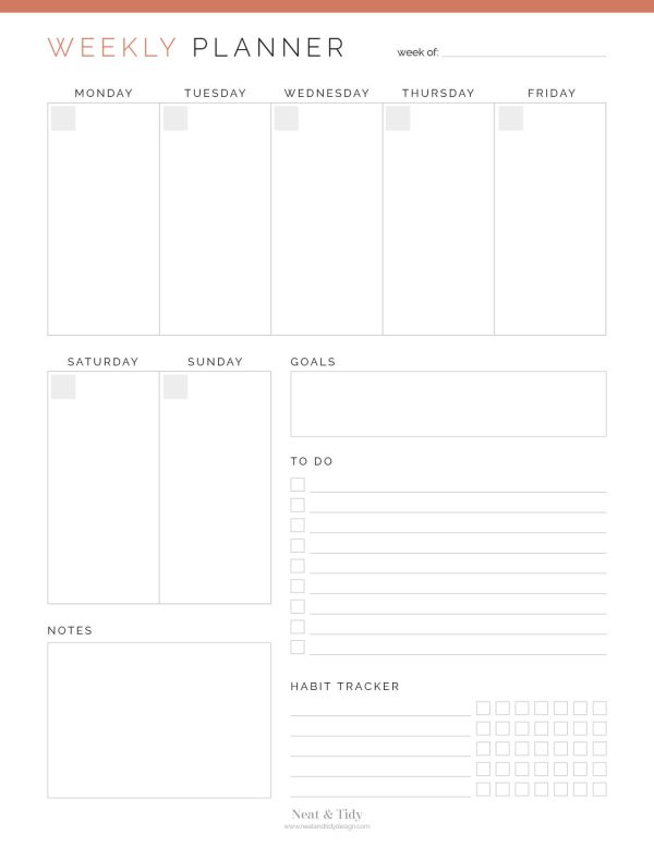 printable weekly appointment planner with to do list and habit tracker - coral